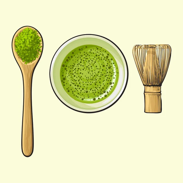 Green tea cup, spoon of matcha powder and bamboo whisk — Stock Vector