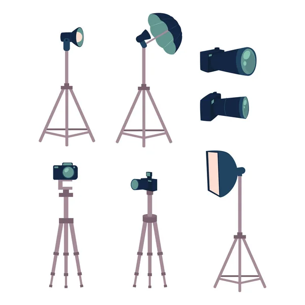 Set de matériel studio photo professionnel appareil photo, trépieds, flash, lumière stroboscopique — Image vectorielle