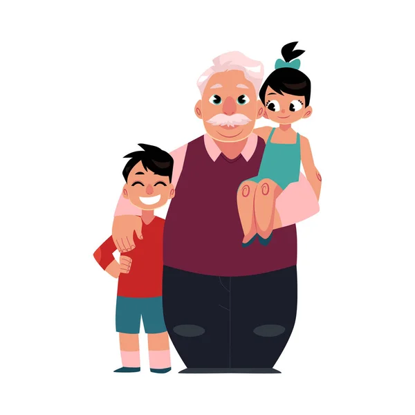 Portrait de famille, grand-père, grand-père debout avec ses petits-enfants, heureux et souriant — Image vectorielle