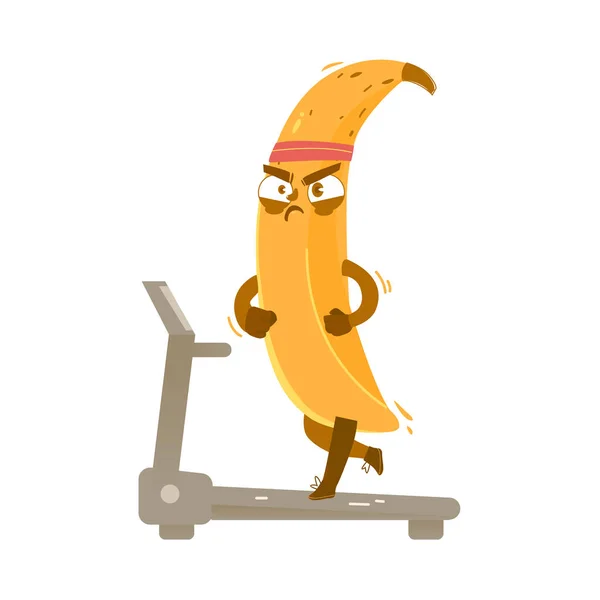 Caráter de banana sério correndo na esteira —  Vetores de Stock