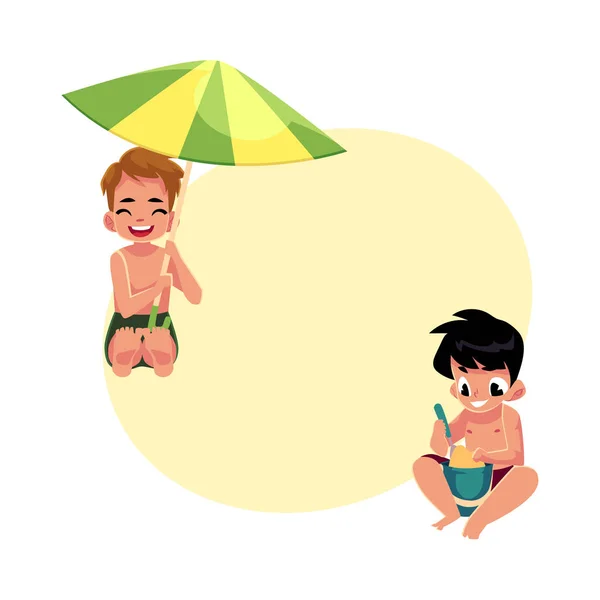 Jungen spielen am Strand - Eimer füllen, sich unter Regenschirm verstecken — Stockvektor