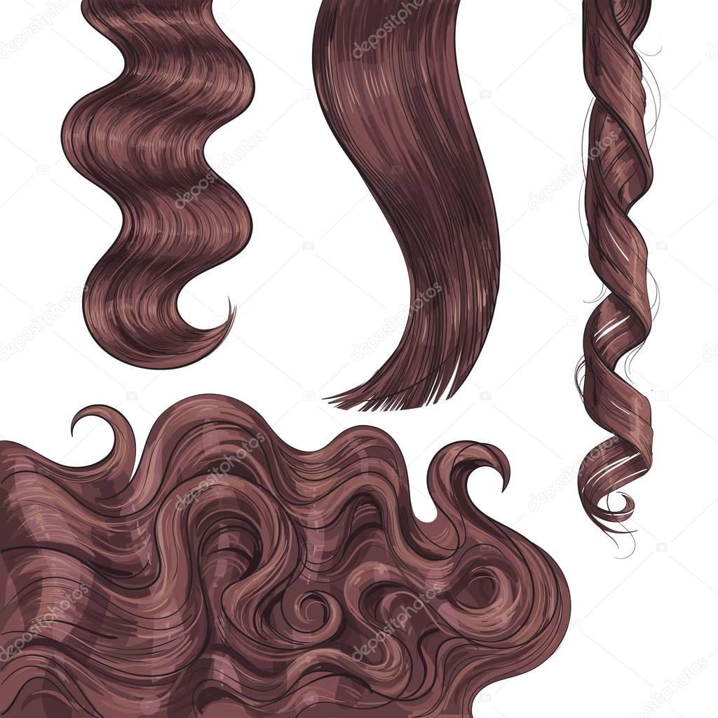 Shiny long brown, fair straight and wavy hair curls