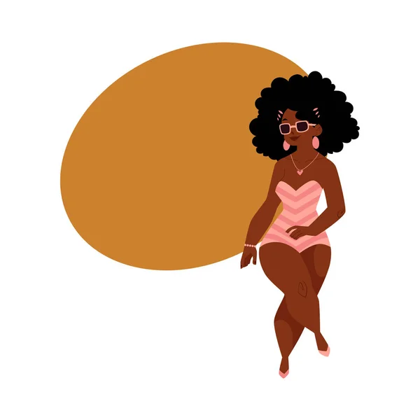 Zwart, Afrikaanse Amerikaanse mollige, ronde vrouw, meisje in zwemmen pak — Stockvector