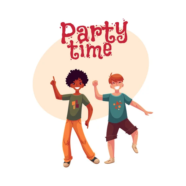 Garçons noirs et caucasiens, les enfants s'amusent, dansent à la fête — Image vectorielle