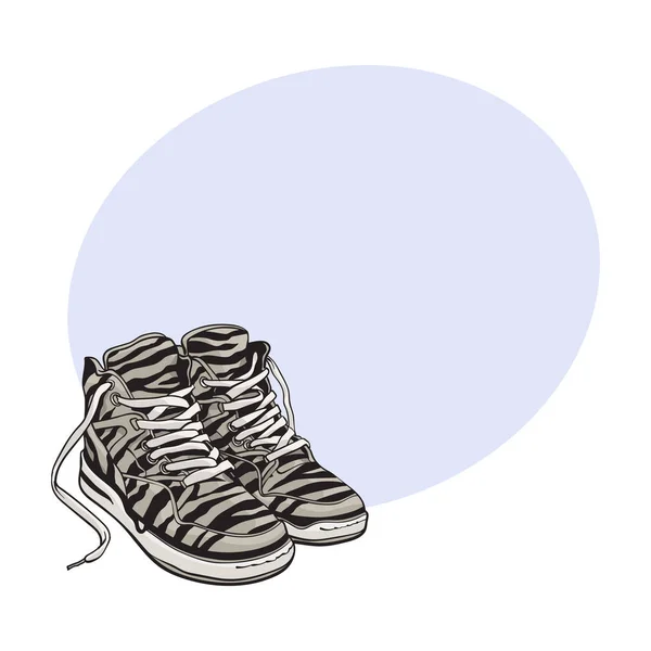 Par de zapatillas con estampado de cebra, zapatos deportivos de los años 90 — Vector de stock