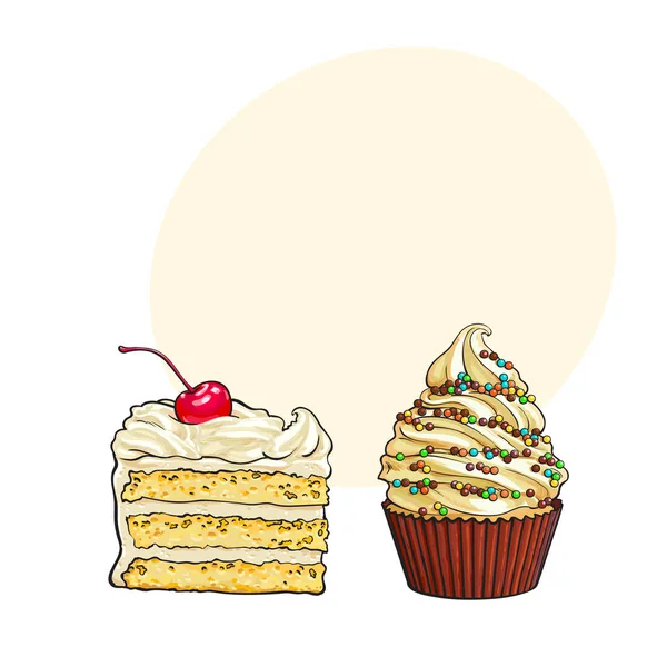 Handgezogene Desserts - Cupcake und ein Stück geschichteter Schokoladenkuchen — Stockvektor