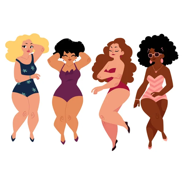 Plump, mulheres curvilíneas, meninas, além de modelos de tamanho em trajes de banho — Vetor de Stock