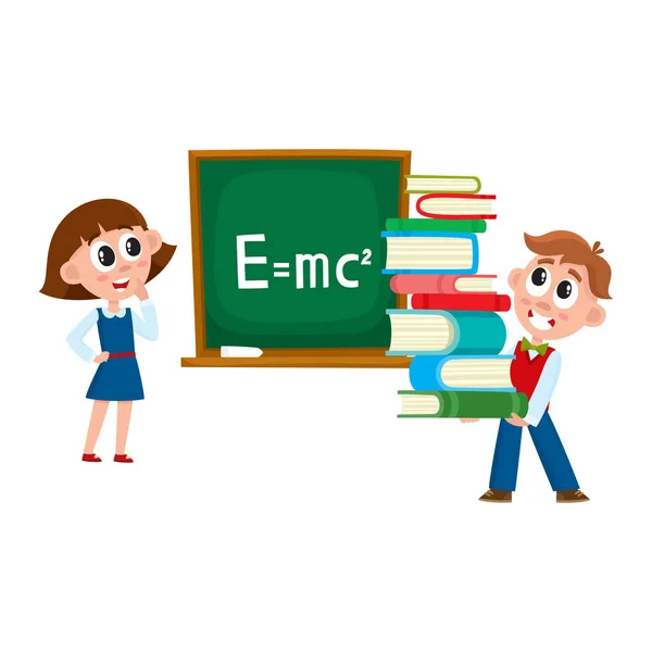 Αγόρι και κορίτσι στο μάθημα της φυσικής, στο σχολείο — Διανυσματικό Αρχείο