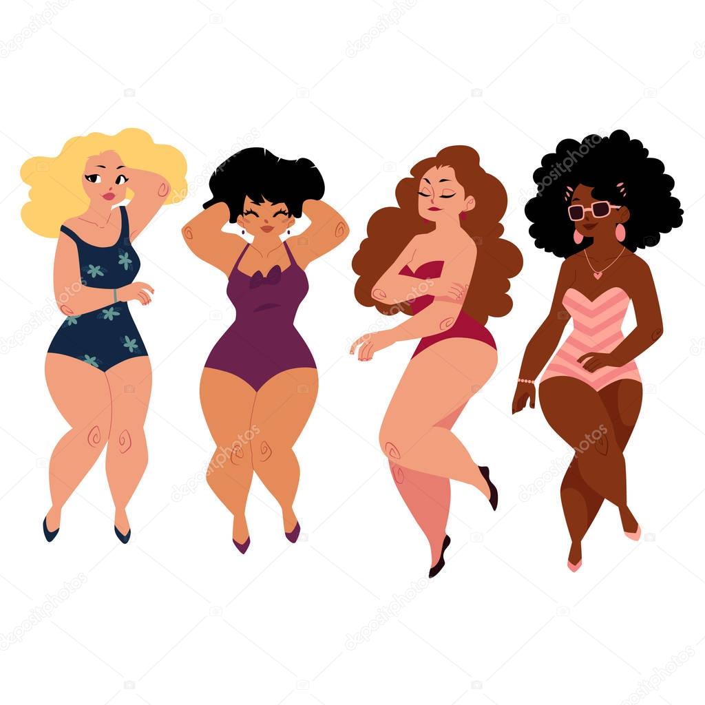 Plump, curvy women, girls, plus size models in swimming suits