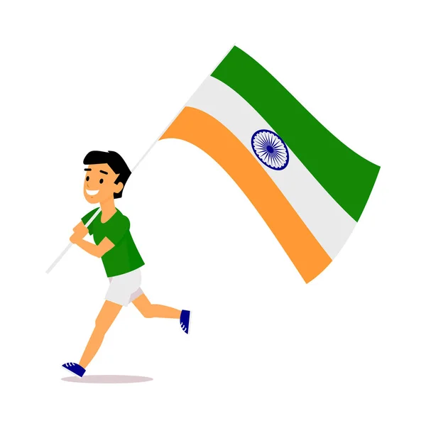 Dibujos animados chico indio corriendo con gran bandera india — Vector de stock