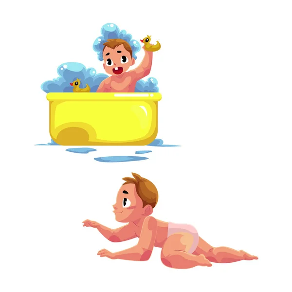 Mignon petit bébé enfant, nourrisson, enfant prenant un bain, rampant autour — Image vectorielle