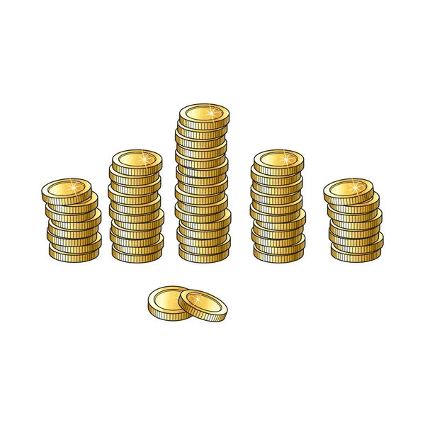 Conjunto de monedas de oro brillante en stakcs altos y cortos — Vector de stock