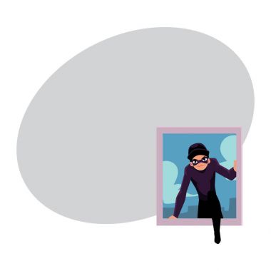 Thief, burglar in black disguise breaking into house through window clipart