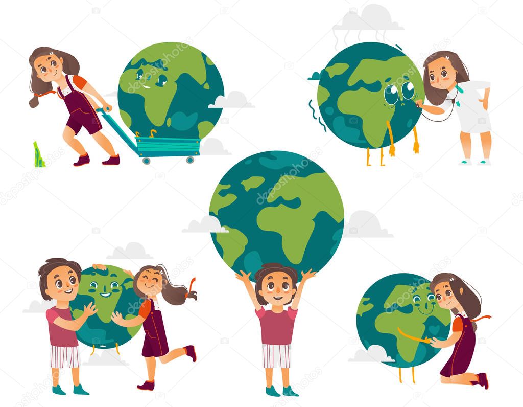 Kids hugging, holding, playing with Globe, Earth