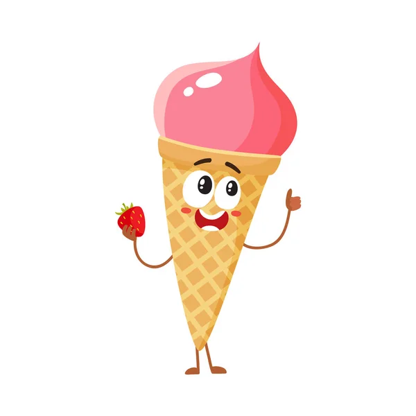 Personaje de helado de fresa en cono de oblea con cara sonriente — Vector de stock