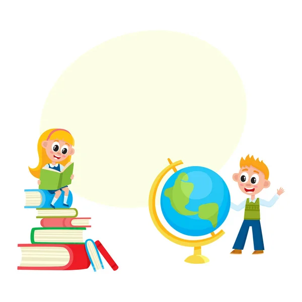 Τα παιδιά μαθαίνουν, κορίτσι ανάγνωση, αγόρι μελετώντας globe — Διανυσματικό Αρχείο