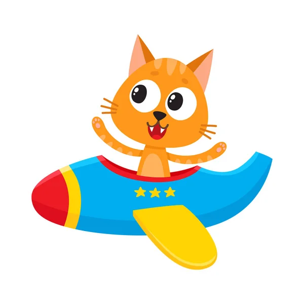 Gato engraçado, personagem piloto gatinho voando no avião, ilustração dos desenhos animados — Vetor de Stock