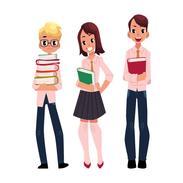 Trois élèves, élèves, écoliers avec livres — Image vectorielle