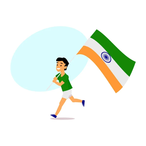 Desenhos animados menino indiano correndo com grande bandeira indiana — Vetor de Stock
