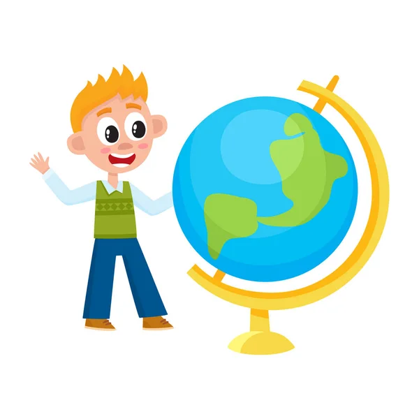 Garçon, écolier regardant grand globe scolaire — Image vectorielle