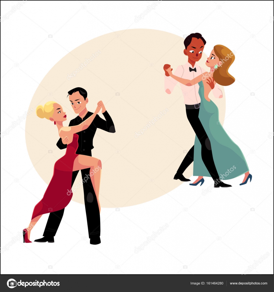Couples of professional ballroom dancers dancing, looking at each other ...