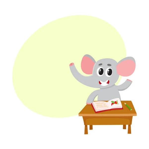 Okul masa başında oturan sevimli küçük fil öğrenci karakter — Stok Vektör
