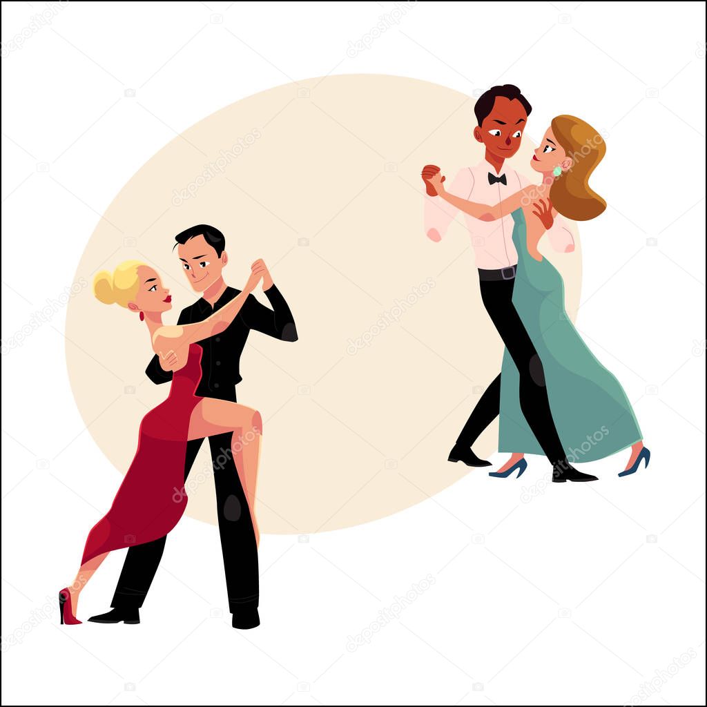 Couples of professional ballroom dancers dancing, looking at each other ...