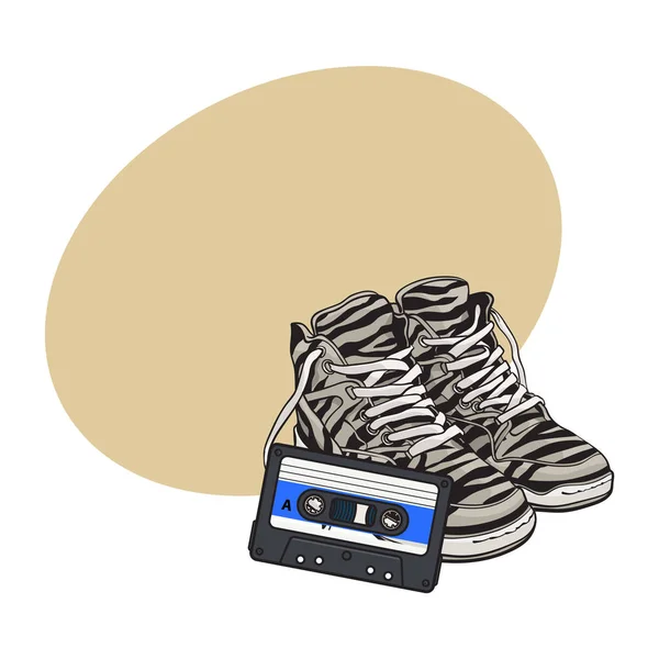 Retro tarzı disko öznitelikleri - zebra spor ayakkabı ve ses bandı — Stok Vektör