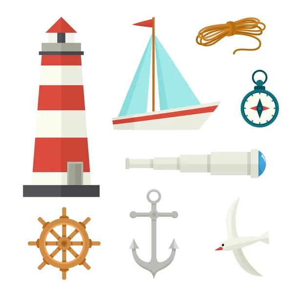 Set of flat cartoon style nautical elements — Stock Vector