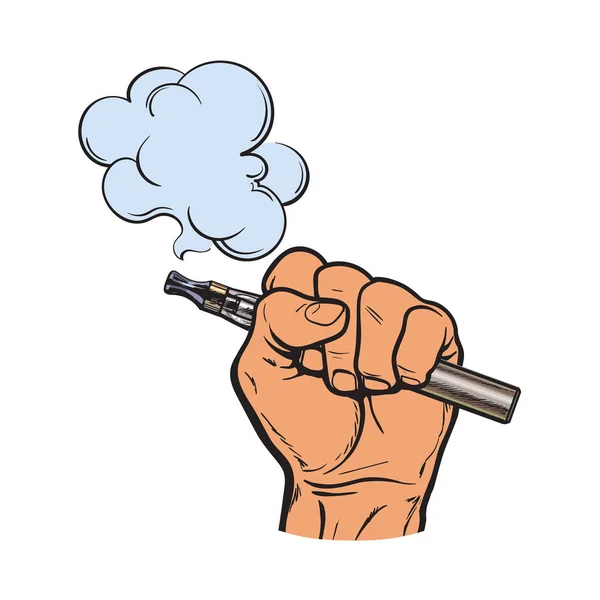 Férfi kezében-e-cigaretta, elektromos cigaretta, pára, füst jön ki — Stock Vector