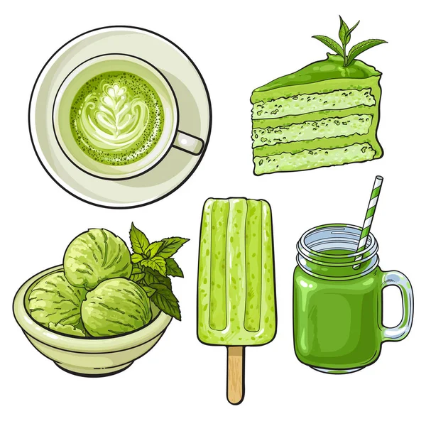 Nourriture dessinée à la main avec thé matcha - crème glacée, gâteau, boissons — Image vectorielle