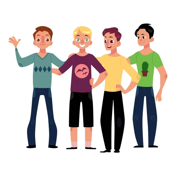 Concepto de amistad masculina de niños, hombres, amigos abrazos — Vector de stock