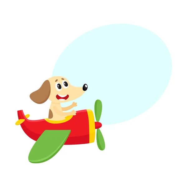 Divertido perro, personaje piloto de cachorro volando en avión, ilustración de dibujos animados — Archivo Imágenes Vectoriales