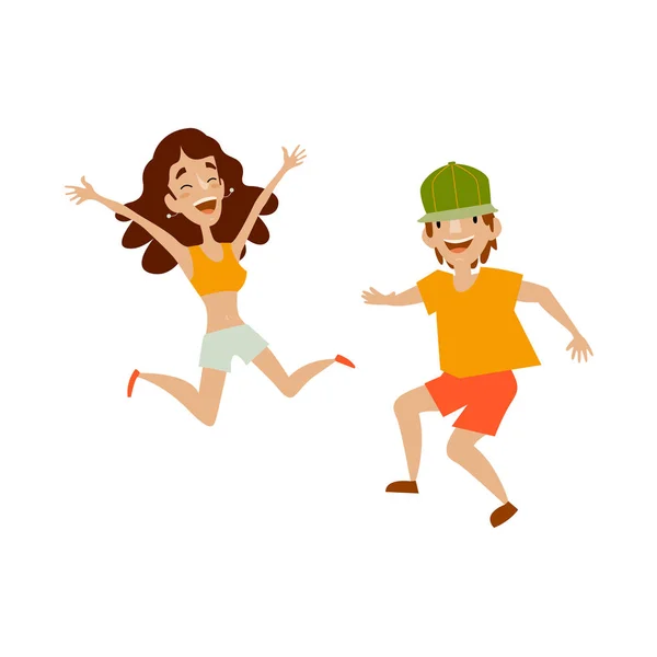 Vector set of teenagers in casual clothing dances — Stock Vector