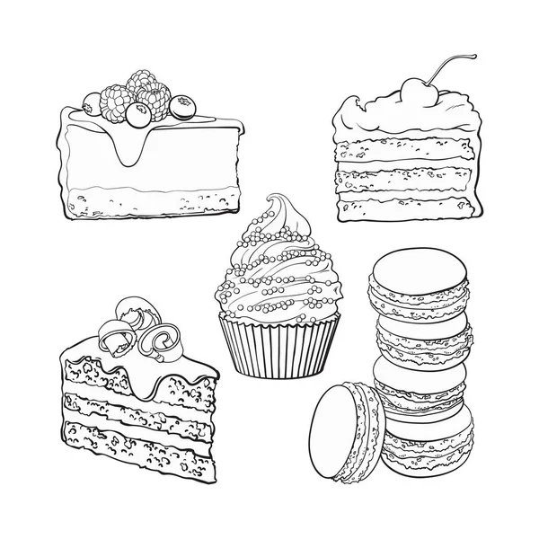 Ensemble de desserts - cupcake, gâteau au chocolat et vanille, gâteau au fromage, macarons — Image vectorielle