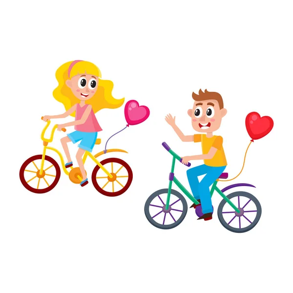 Niño y chica citas, montar en bicicleta juntos — Vector de stock