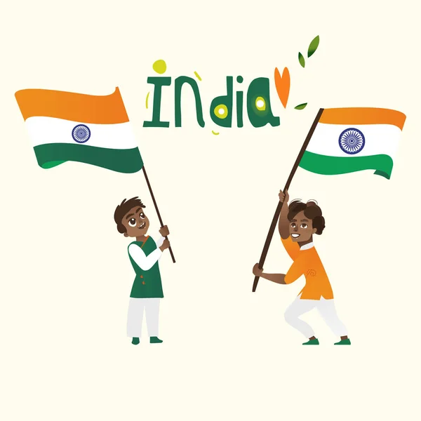 Dos chicos, niños, adolescentes con banderas indias — Vector de stock