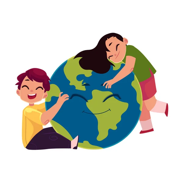 Gyerekek átölelve mosolyogva Globe, Föld bolygó karakter — Stock Vector