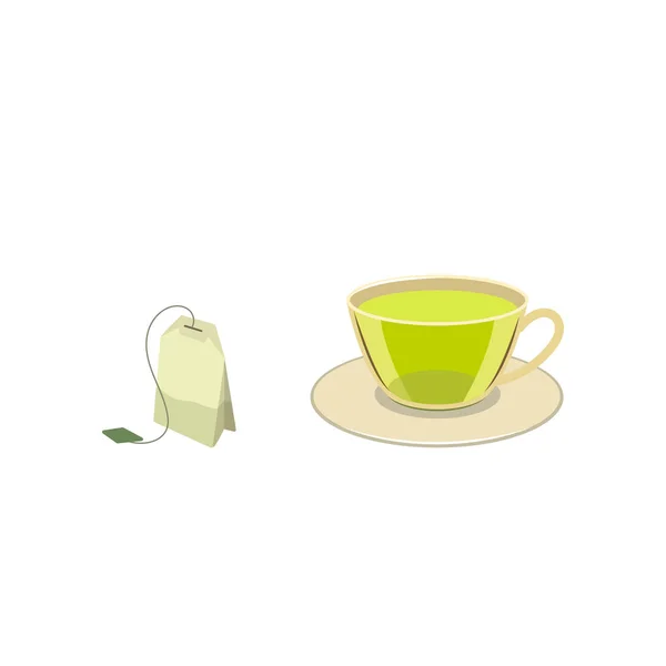 Tapa vectorial de té verde con bolsa plana — Vector de stock