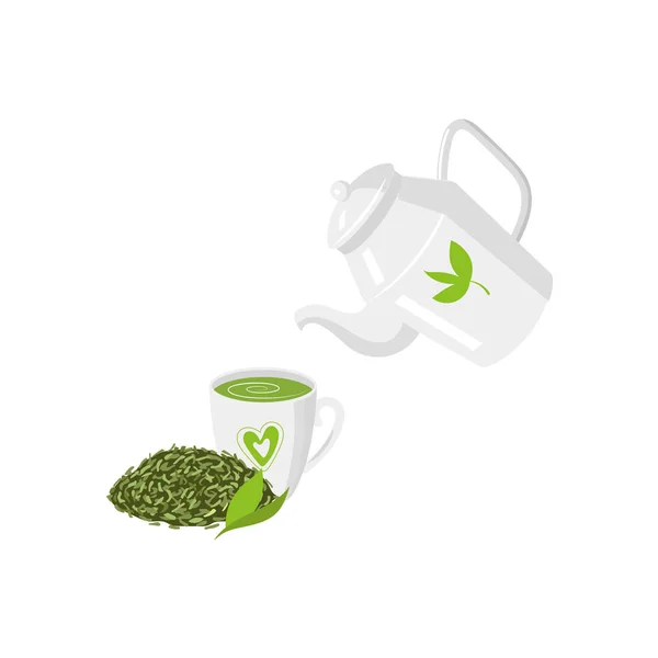 Bule vetorial, caneca de chá verde e chá de folha conjunto — Vetor de Stock