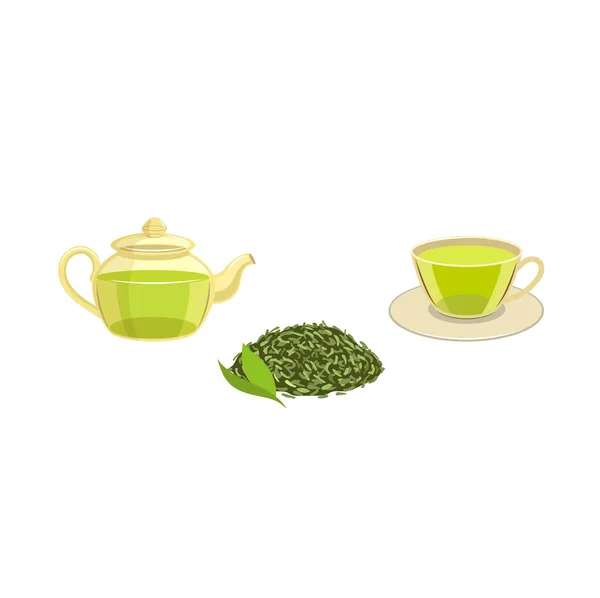 녹색 잎 차, 주전자, 차 잔 세트-벡터 — 스톡 벡터