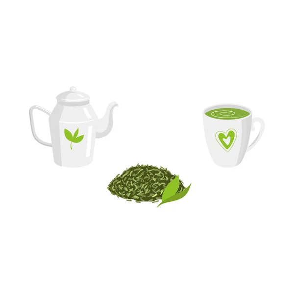Jogo de vetor - chá de folha verde, bule de chá, caneca de chá — Vetor de Stock