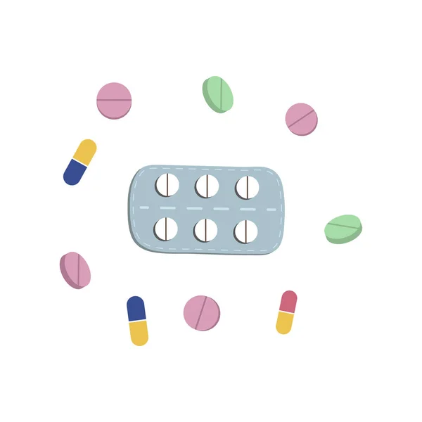 Vector pills blister and capsules flat set isolated — Stock Vector