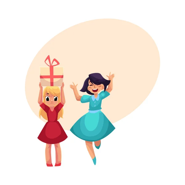 Две девушки веселятся на дне рождения, танцуют, держат в руках подарок — стоковый вектор