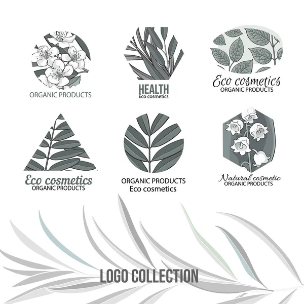 Eco cosmetica logo set met bladeren en bloemen — Stockvector