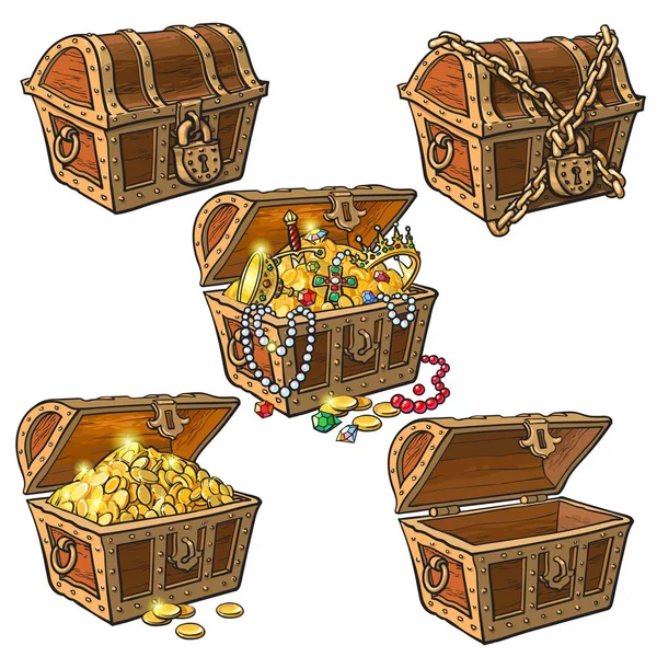 Conjunto de cofres de tesoro pirata dibujado a mano — Vector de stock