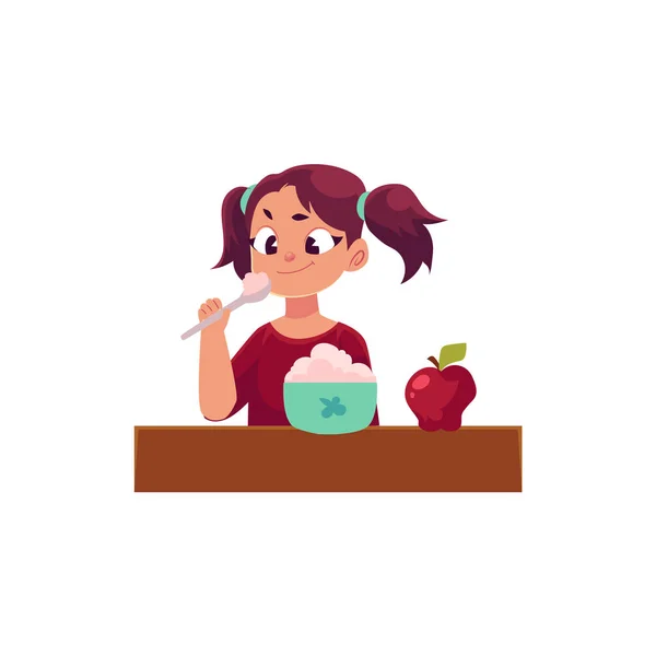 Little girl with ponytails having breakfast — Stock Vector