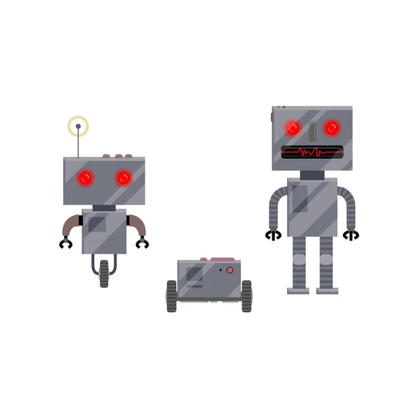 Τρεις χαρακτήρες ρομπότ μοντέρνο και ρετρό στυλ — Διανυσματικό Αρχείο