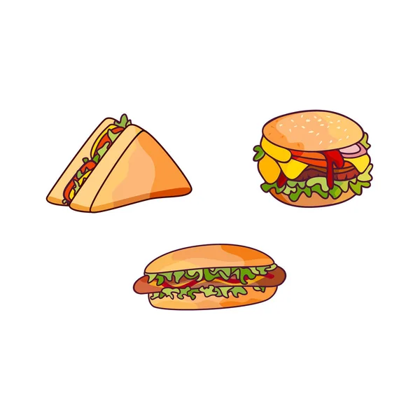 Vector sandwich, burger varmkorv set. — Stock vektor