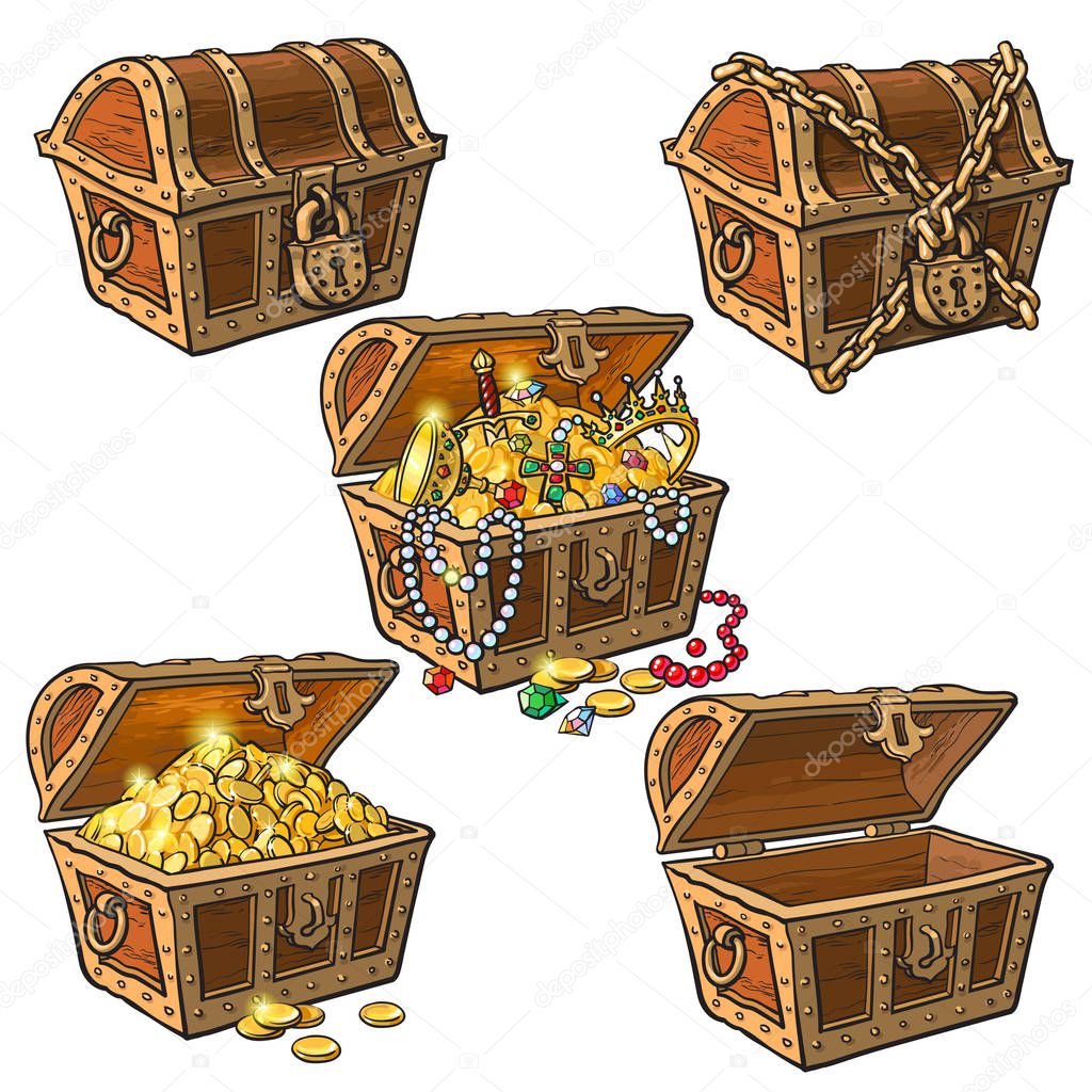 Set of hand drawn pirate treasure chests